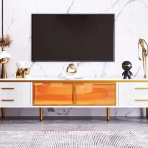 TV-meubel voor woonkamer met 2 deuren en 4 laden - LED's - marmerlook - bruin glas en goud metaal - wit Merax