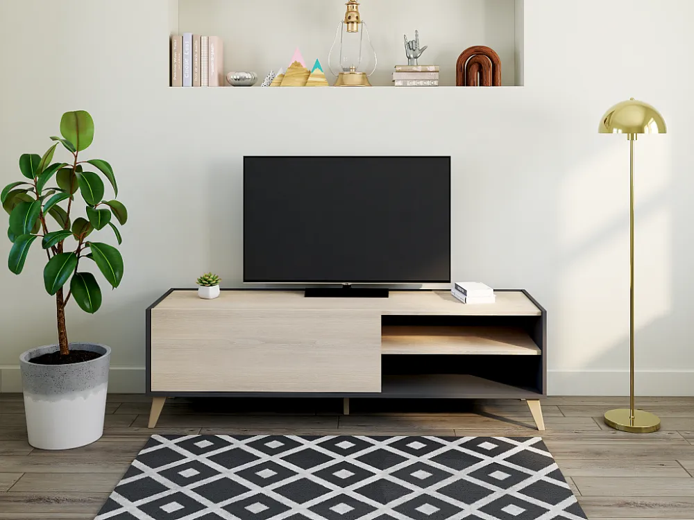 TV meubel KOLYMA - 1 deur & 2 nissen - Kleur: eiken & antraciet