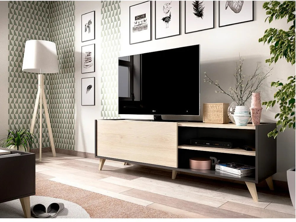 TV meubel KOLYMA - 1 deur & 2 nissen - Kleur: eiken & antraciet