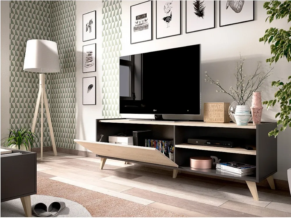 TV meubel KOLYMA - 1 deur & 2 nissen - Kleur: eiken & antraciet