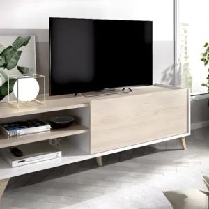 TV meubel KOLYMA - 1 deur & 2 nissen - Kleuren: Eiken & Wit