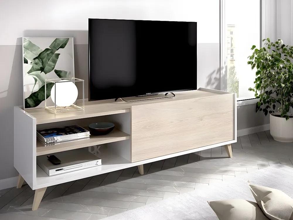 TV meubel KOLYMA - 1 deur & 2 nissen - Kleuren: Eiken & Wit