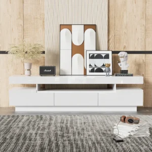 Meuble TV 160cm, avec éclairage LED, 2 portes, tiroirs, plateau de table en finition brillante, style moderne - Blanc