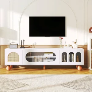 Meuble TV 170cm, avec porte en rotin, portes en verre, espace de rangement, style campagne, armoire TV - Blanc