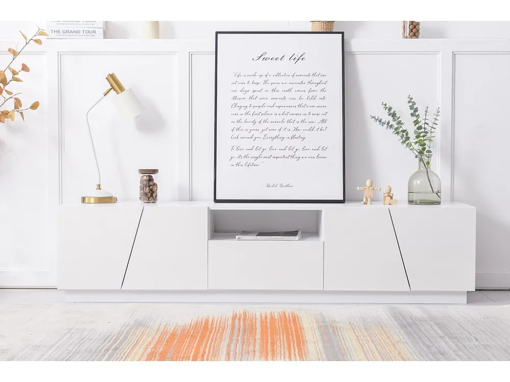 Meuble TV 170cm, avec tiroir, 4 portes, compartiment ouvert, style scandinave, Commode TV - Blanc