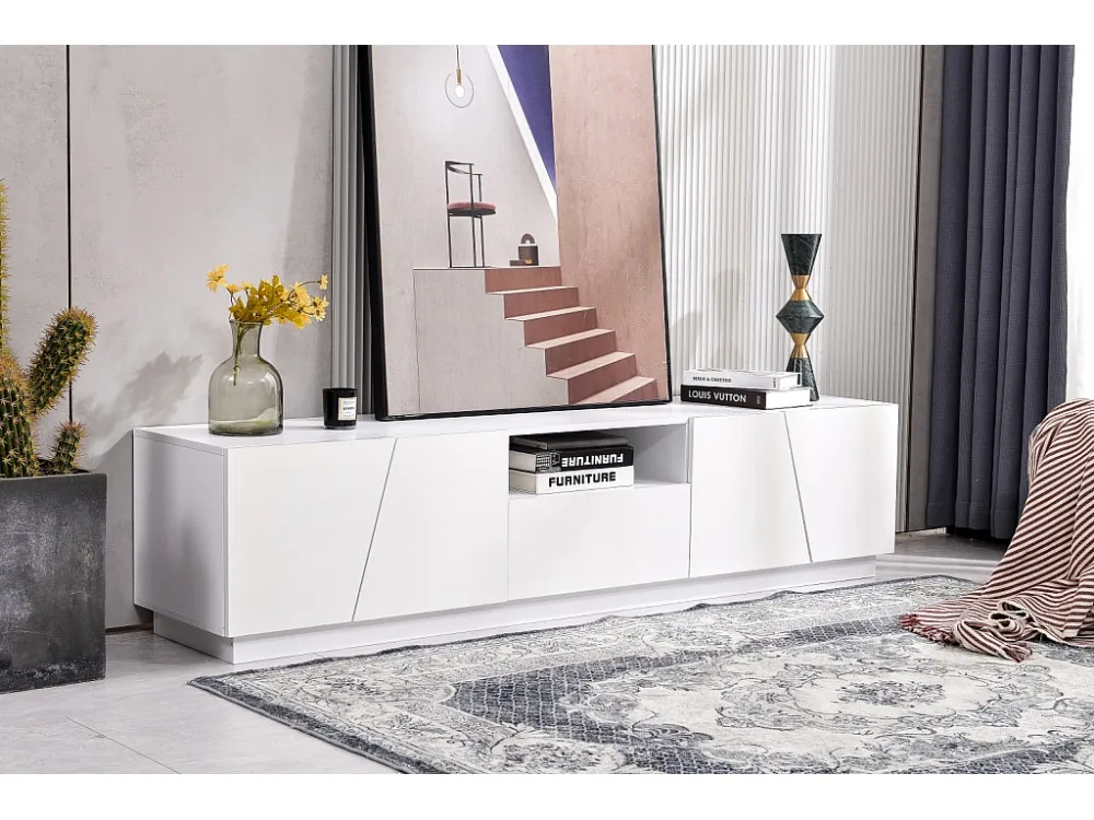 Meuble TV 170cm, avec tiroir, 4 portes, compartiment ouvert, style scandinave, Commode TV - Blanc