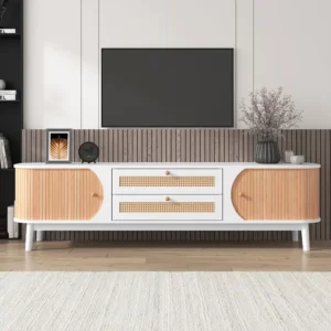 Meuble TV 170x39.5x46cm - Meuble TV en bois avec portes et tiroirs en rotin style maison de campagne pour rangement - blanc