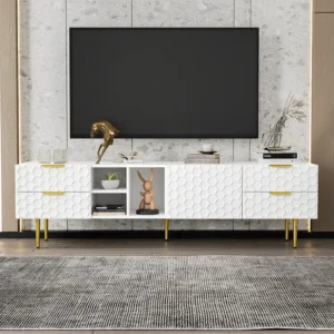 Meuble TV 170x40.3x49.9cm, avec 1 porte, 4 tiroirs, compartiments ouverts, poignées et pieds dorés, blanc