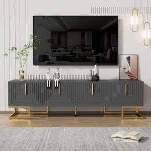 Meuble TV 170x40x45.5cm, avec 4 portes structurée, poignées dorées et pieds dorés, en panneaux de particules, gris