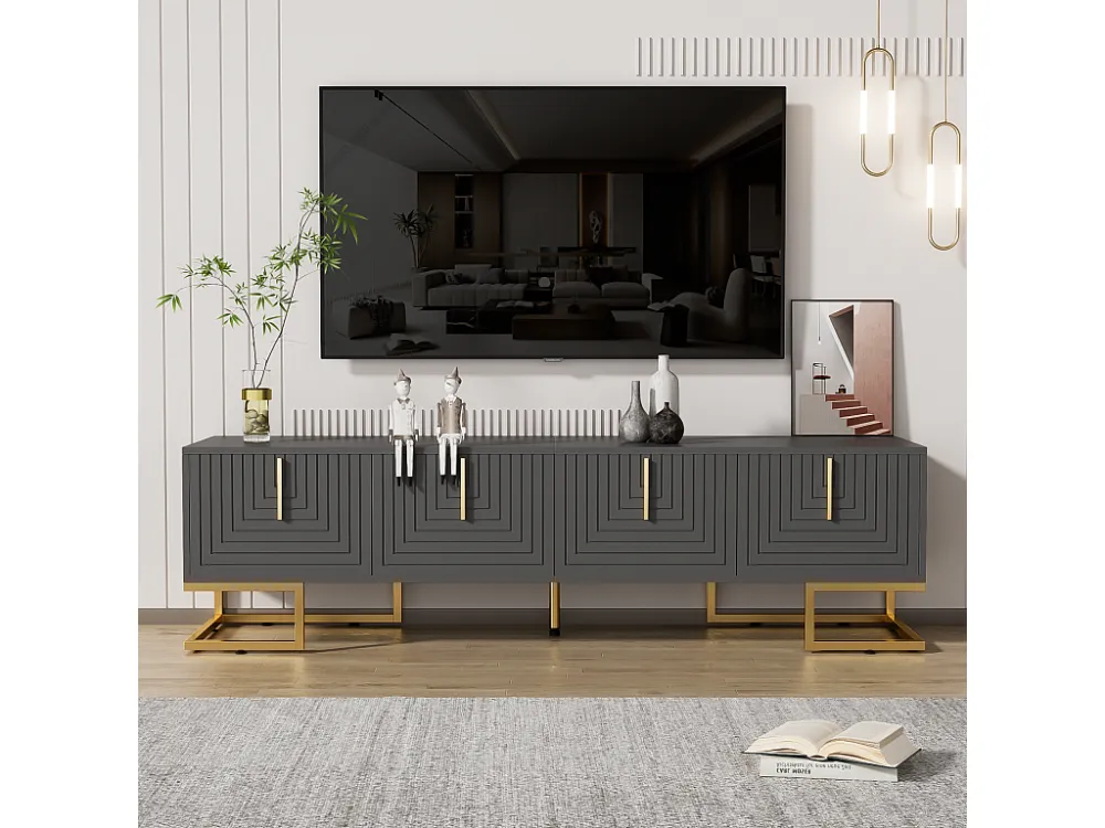 Meuble TV 170x40x45.5cm, avec 4 portes structurée, poignées dorées et pieds dorés, en panneaux de particules, gris