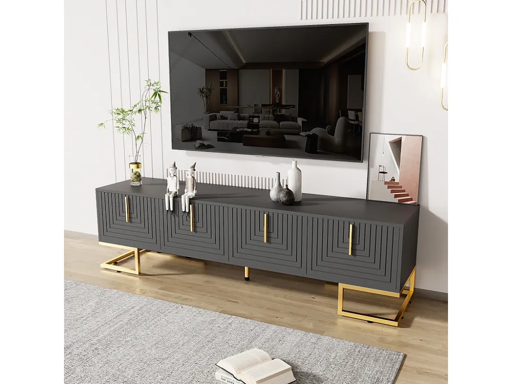Meuble TV 170x40x45.5cm, avec 4 portes structurée, poignées dorées et pieds dorés, en panneaux de particules, gris