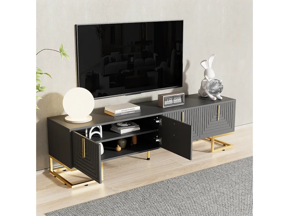 Meuble TV 170x40x45.5cm, avec 4 portes structurée, poignées dorées et pieds dorés, en panneaux de particules, gris