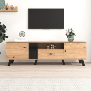 Meuble TV 170x40x50cm, Meuble bas avec tiroirs, 2 portes, multiples fonctions de rangement, design bois et noir