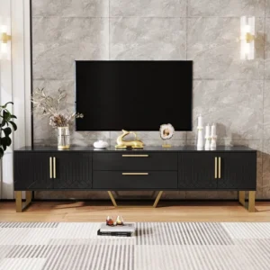 Meuble TV 170x40x53cm, en MDF, avec 4 portes design texture gravée, 2 tiroirs, luxe, élégante, noir