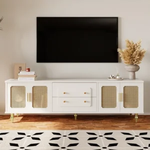 Meuble TV 175cm, avec 4 portes en rotin, 2 tiroirs, Pieds en métal, poignée en métal, style Scandinave, Meuble de salon -...