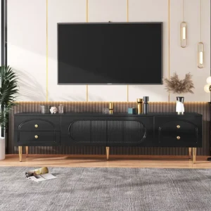 Meuble TV 175cm, avec 4 tiroirs de rangement, 2 portes en verre, Pieds et poignées en métal Doré, Meuble de salon en bois...