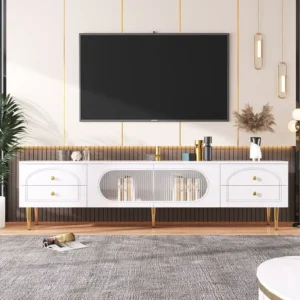Meuble TV 175cm, avec 4 tiroirs de rangement, 2 portes en verre, Pieds et poignées en métal Doré, Meuble de salon en bois...
