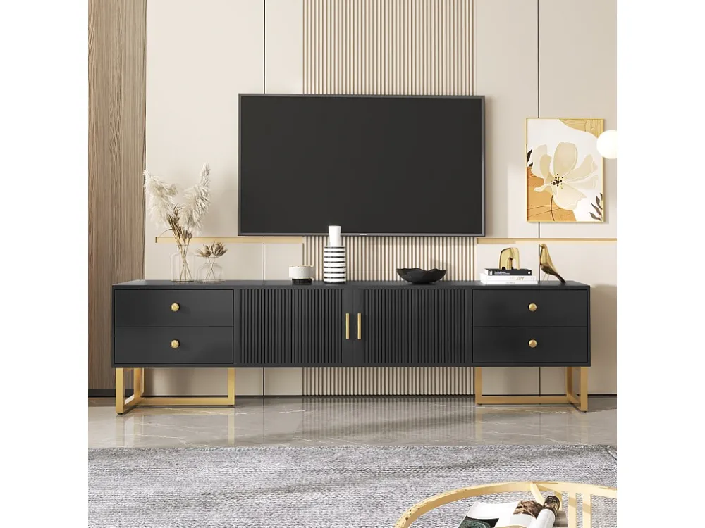 Meuble TV 175x30x46cm, panneau bas avec porte texturée, iroirs, poignées dorées et pieds dorés, noir