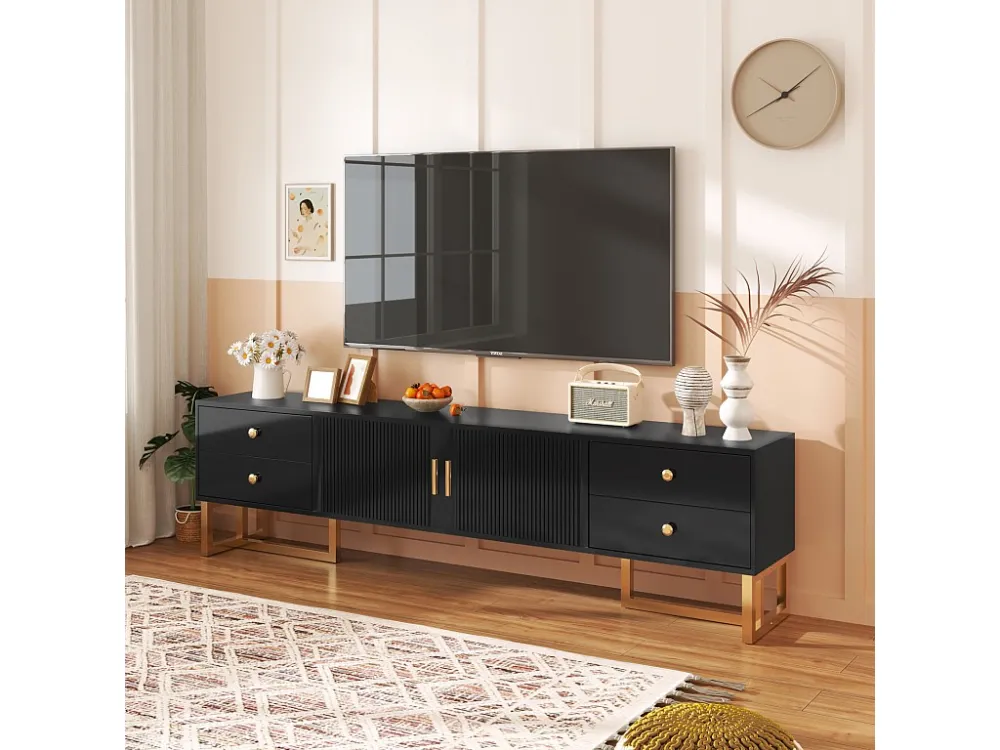 Meuble TV 175x30x46cm, panneau bas avec porte texturée, iroirs, poignées dorées et pieds dorés, noir