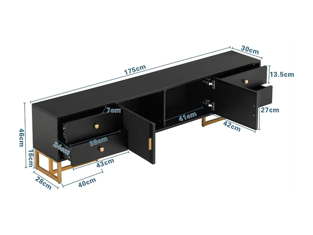 Meuble TV 175x30x46cm, panneau bas avec porte texturée, iroirs, poignées dorées et pieds dorés, noir