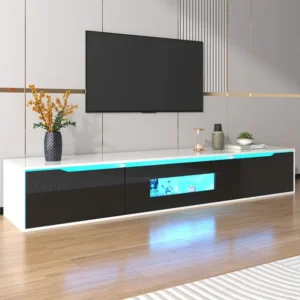 Meuble TV 180cm, avec éclairage LED à changement de couleur, portes pliantes, laqué Meuble TV suspendu, style moderne - noir