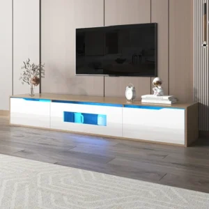 Meuble TV 180cm, avec éclairage LED à changement de couleur, portes pliantes, laqué Meuble TV suspendu, style moderne - Blanc