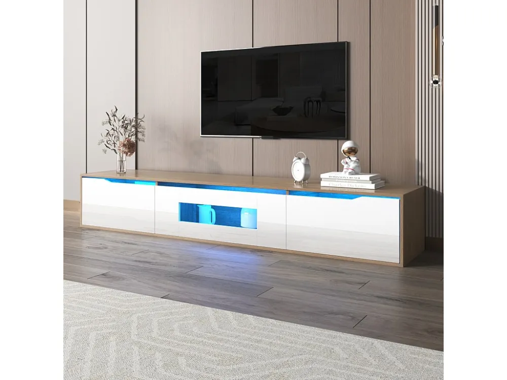 Meuble TV 180cm, avec éclairage LED à changement de couleur, portes pliantes, laqué Meuble TV suspendu, style moderne - Blanc