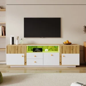 Meuble TV 180cm, avec éclairage LED, 2 tiroirs de rangement, 3 portes, poignées en bois, cloison en verre, style Moderne,...
