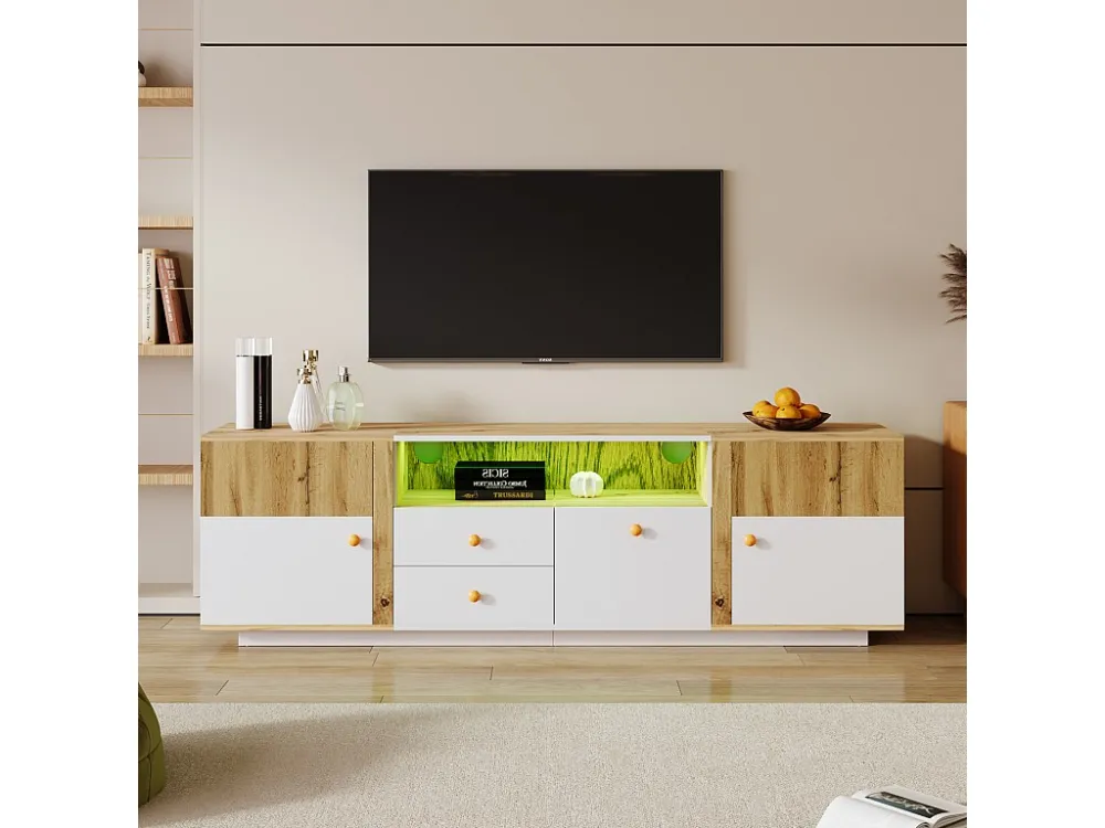 Meuble TV 180cm, avec éclairage LED, 2 tiroirs de rangement, 3 portes, poignées en bois, cloison en verre, style Moderne,...