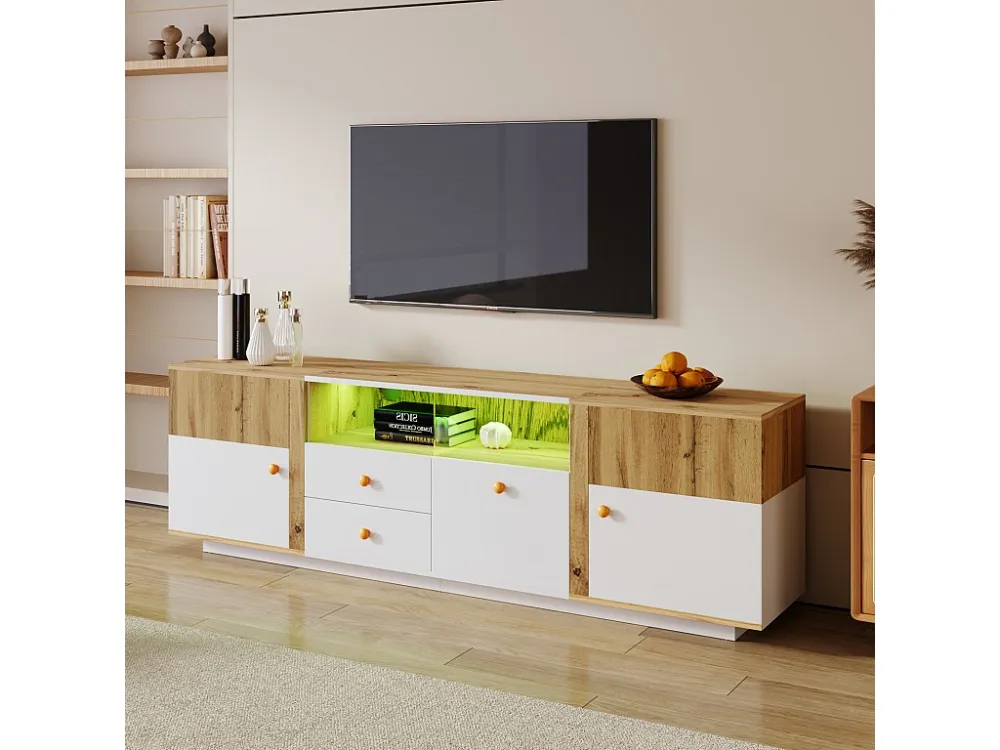 Meuble TV 180cm, avec éclairage LED, 2 tiroirs de rangement, 3 portes, poignées en bois, cloison en verre, style Moderne,...