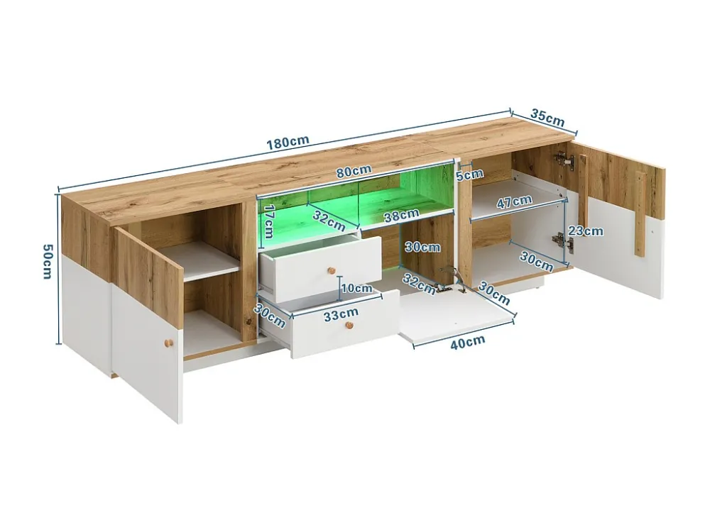 Meuble TV 180cm, avec éclairage LED, 2 tiroirs de rangement, 3 portes, poignées en bois, cloison en verre, style Moderne,...