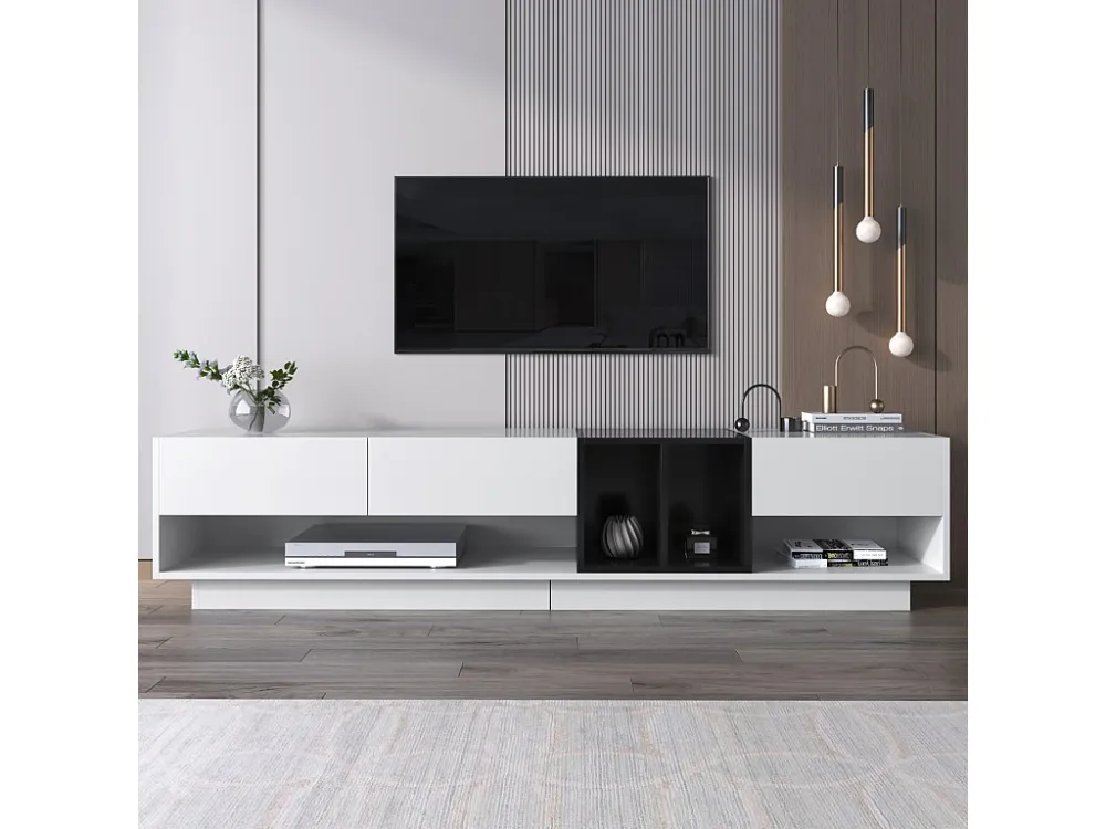 Meuble TV 190cm, avec 3 tiroirs, étagères ouvertes, Design à blocs de couleur, style moderne - Blanc