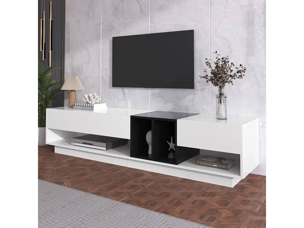 Meuble TV 190cm, avec 3 tiroirs, étagères ouvertes, Design à blocs de couleur, style moderne - Blanc