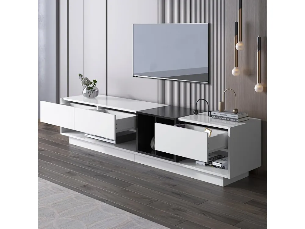 Meuble TV 190cm, avec 3 tiroirs, étagères ouvertes, Design à blocs de couleur, style moderne - Blanc