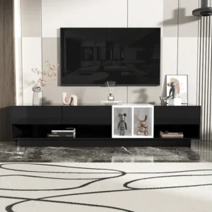 Meuble TV 190cm, avec 3 tiroirs, étagères ouvertes, Design à blocs de couleur, style moderne - Noir