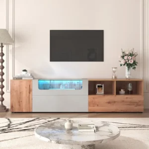 Meuble TV 190x40x48cm, avec lampes LED, plateau en verre, 3 porte, 2 compartiments, style campagne naturel blanc