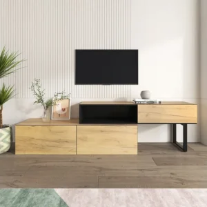 Meuble TV 200cm, avec 3 tiroirs, 2 étagères, longueur ajustable, finition en chêne nature, style campagne, Meuble de salon...