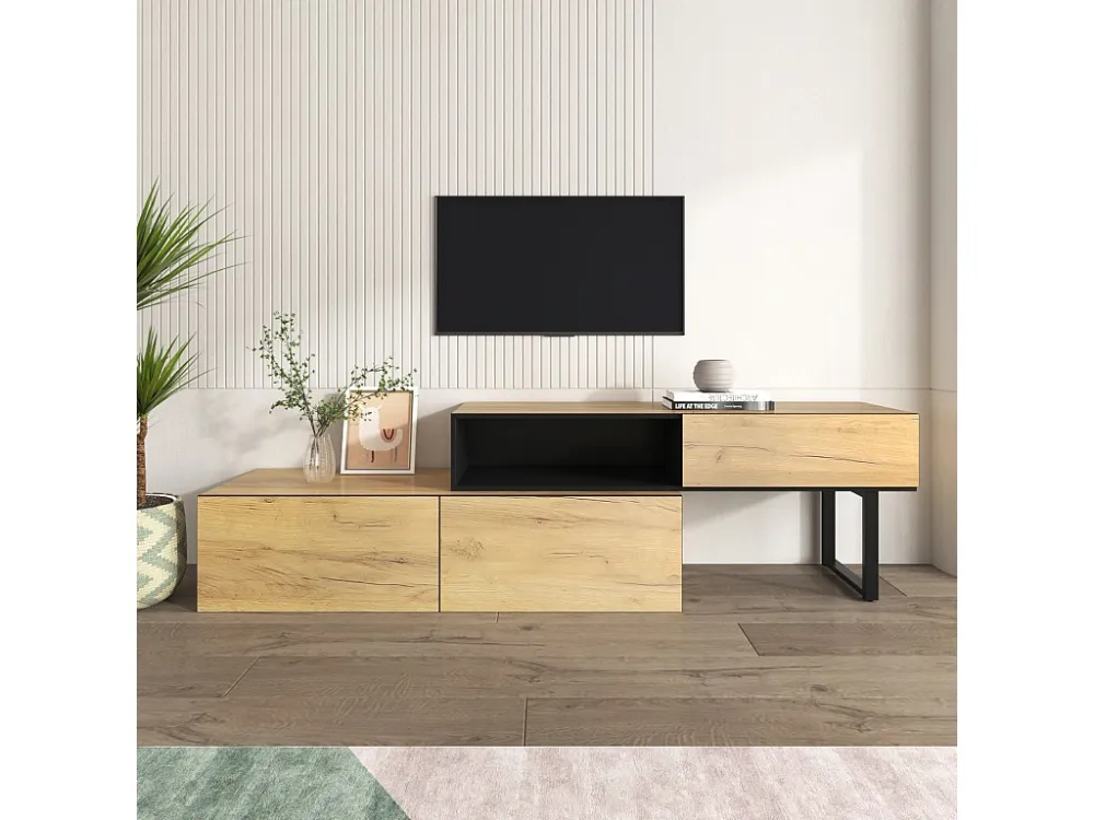 Meuble TV 200cm, avec 3 tiroirs, 2 étagères, longueur ajustable, finition en chêne nature, style campagne, Meuble de salon...