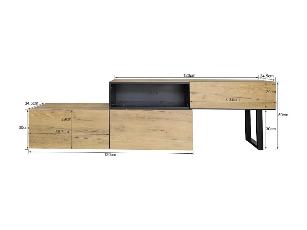Meuble TV 200cm, avec 3 tiroirs, 2 étagères, longueur ajustable, finition en chêne nature, style campagne, Meuble de salon...