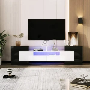 Meuble TV - 200x38x48cm - Blanc et noir brillant - 4 portes, 2 tiroirs, 3 compartiments