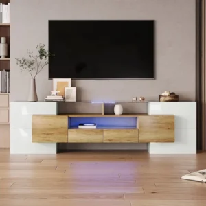 Meuble TV - 200x38x48cm LED brillant blanc et gris - finition verre - 6 portes de rangement 2 tiroirs 3 compartiments - co...