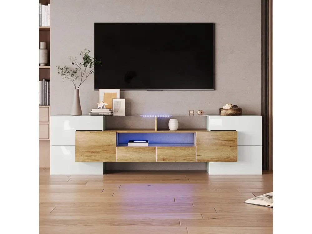 Meuble TV - 200x38x48cm LED brillant blanc et gris - finition verre - 6 portes de rangement 2 tiroirs 3 compartiments - co...