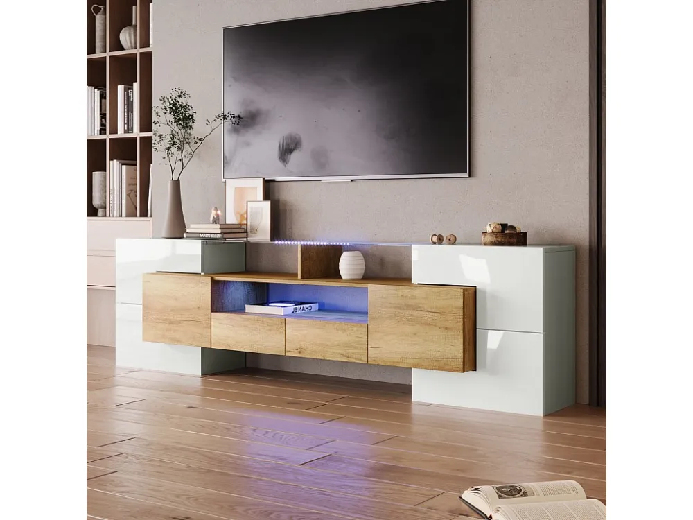 Meuble TV - 200x38x48cm LED brillant blanc et gris - finition verre - 6 portes de rangement 2 tiroirs 3 compartiments - co...