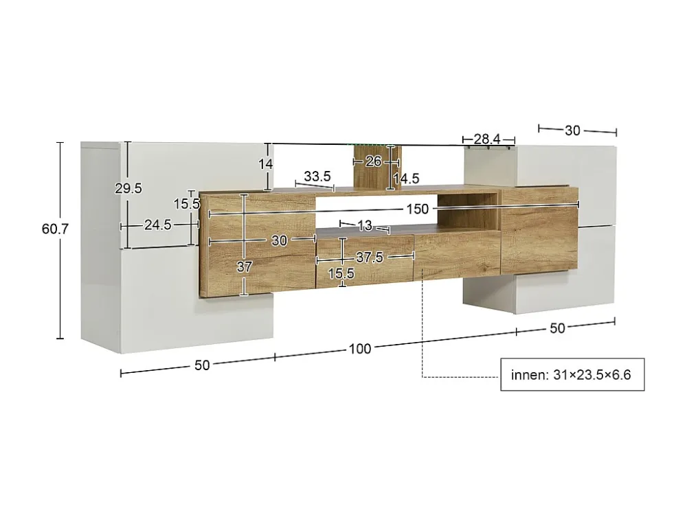 Meuble TV - 200x38x48cm LED brillant blanc et gris - finition verre - 6 portes de rangement 2 tiroirs 3 compartiments - co...