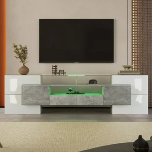 Meuble TV - 200x38x48cm LED brillant blanc et gris - finition verre - 4 portes de rangement 2 tiroirs 3 compartiments - gris