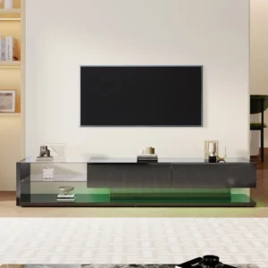 Meuble TV brillant moderne 170x38x36cm, cloisons vitrées et éclairage LED variable, style naturel et rustique, noir