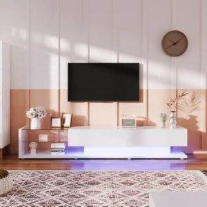 Meuble TV brillant moderne 170x38x36cm, cloisons vitrées et éclairage LED variable, style naturel et rustique, blanc