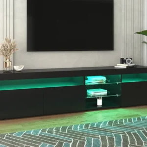 Meuble TV, contemporain, avec led, avec 3 portes et étagère, MDF, noir, 180x35x45cm