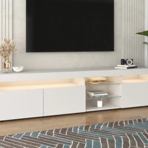 Meuble TV, contemporain, avec led, avec 3 portes et étagère, MDF, blanc, 180x35x45cm