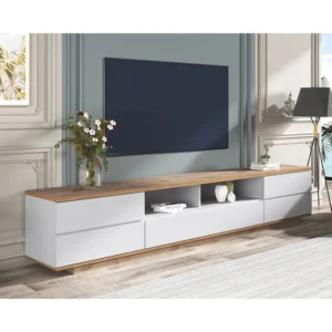 Meuble TV - Contemporain - 5 portes - Étagère - Contreplaqué - Blanc - 180x38x46cm